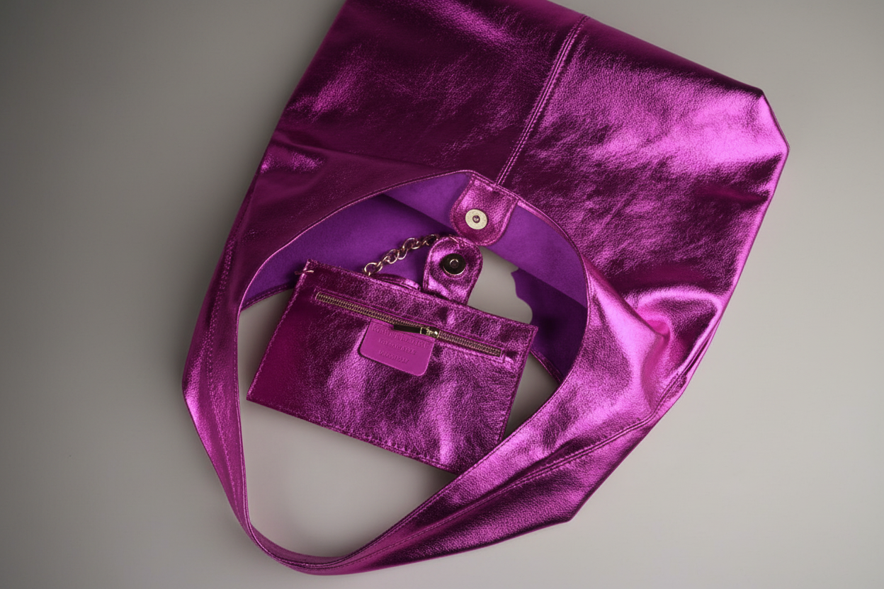 Silvia Metallic Suede Slouch Bag by Clemés, Fuchsia
