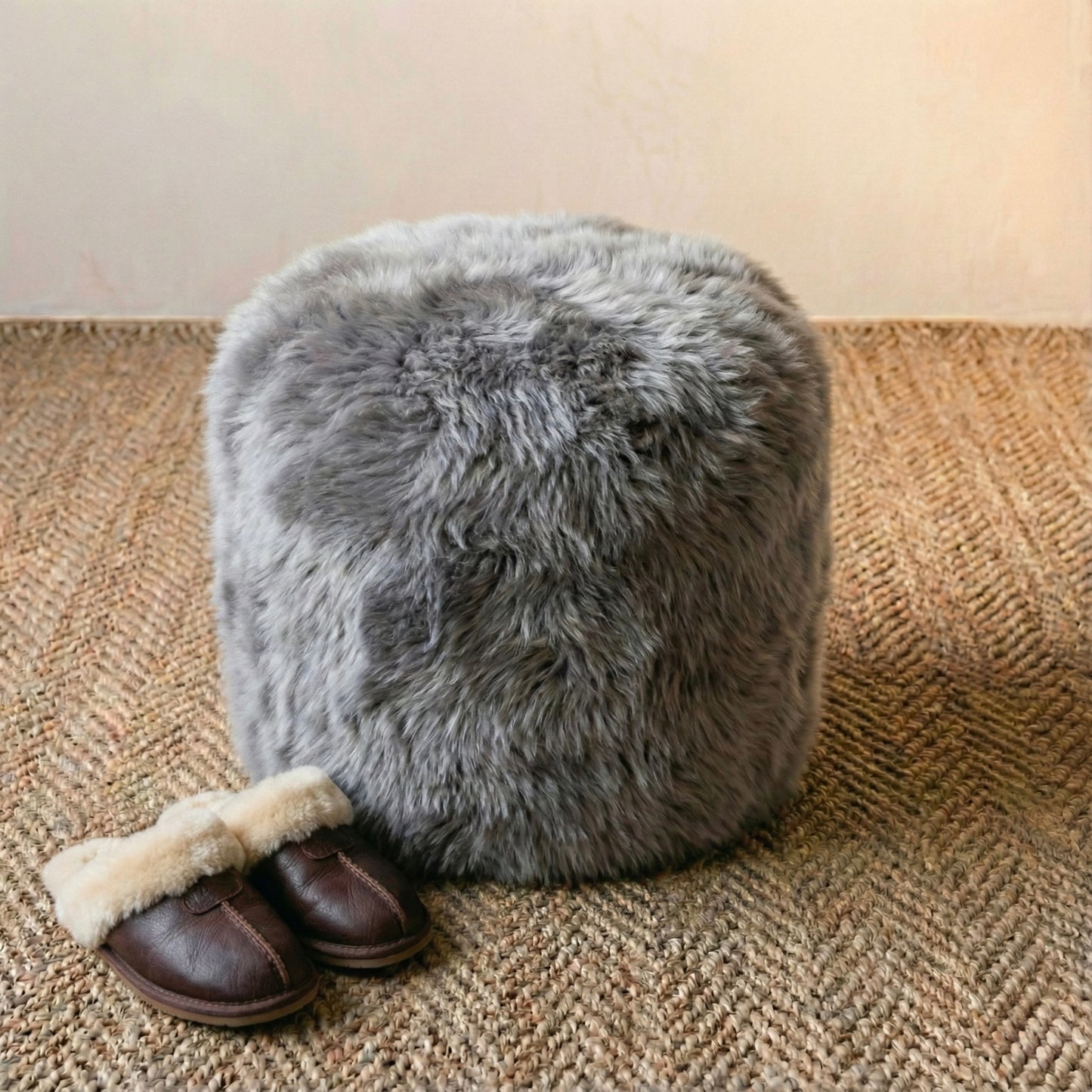 Premium Natural Long-Wool Sheepskin Pouffe Stool, L40xW30 cm (3 Colours)