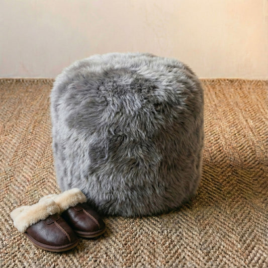 Premium Natural Long-Wool Sheepskin Pouffe Stool, L40xW30 cm (3 Colours)