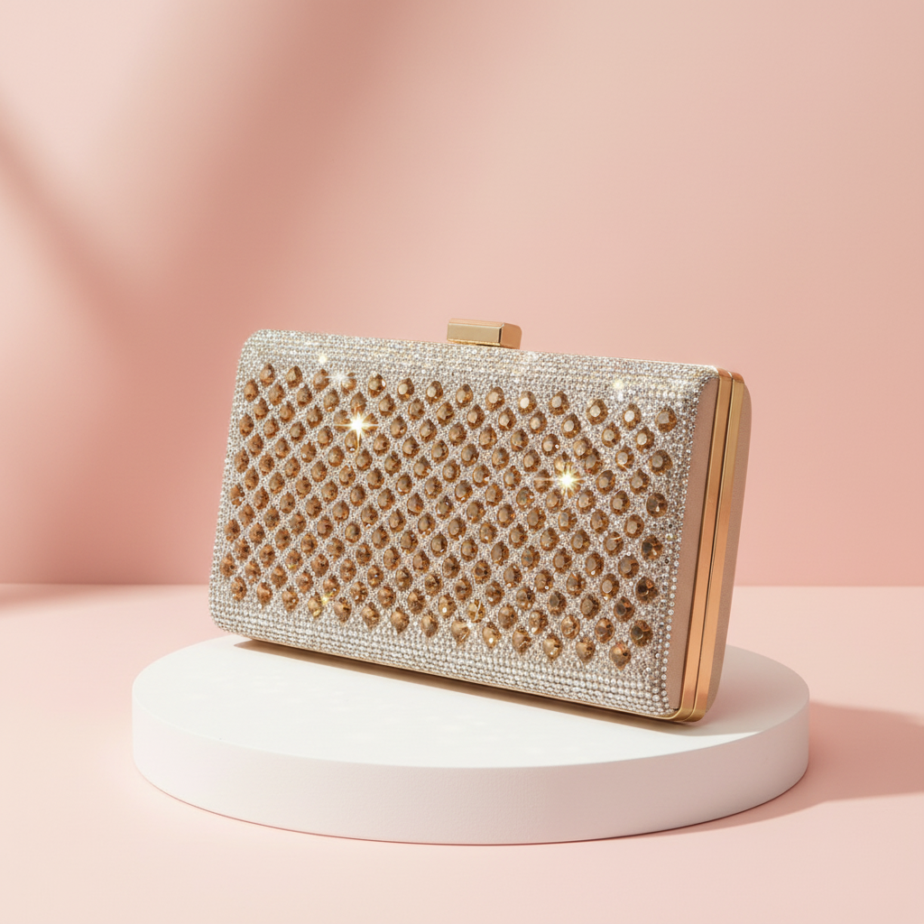 Fiorella Gold Mirrored Box Crystal Clutch Bag by Clemés