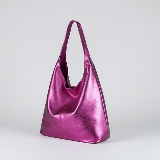 Silvia Metallic Suede Slouch Bag by Clemés, Fuchsia