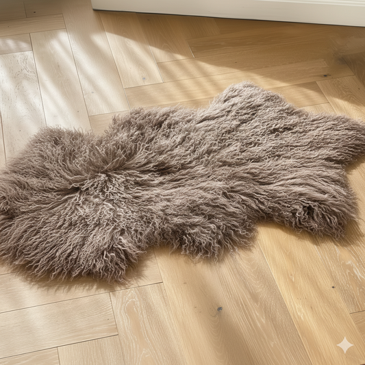 Natural Premium Tibetan Mongolian Sheepskin Rug/Throw, Single, Large (L95 x W60 cm), Taupe