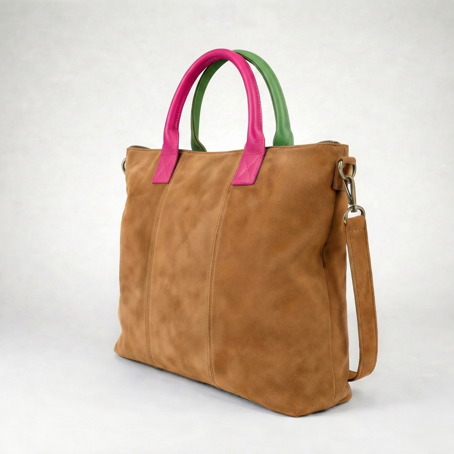Milano Suede Bag, Tan, with Adjustable Shoulder Strap, Fuchsia & Green Leather Handles by Clemés