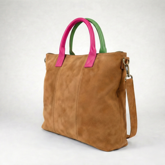 Milano Suede Bag, Tan, with Adjustable Shoulder Strap, Fuchsia & Green Leather Handles by Clemés
