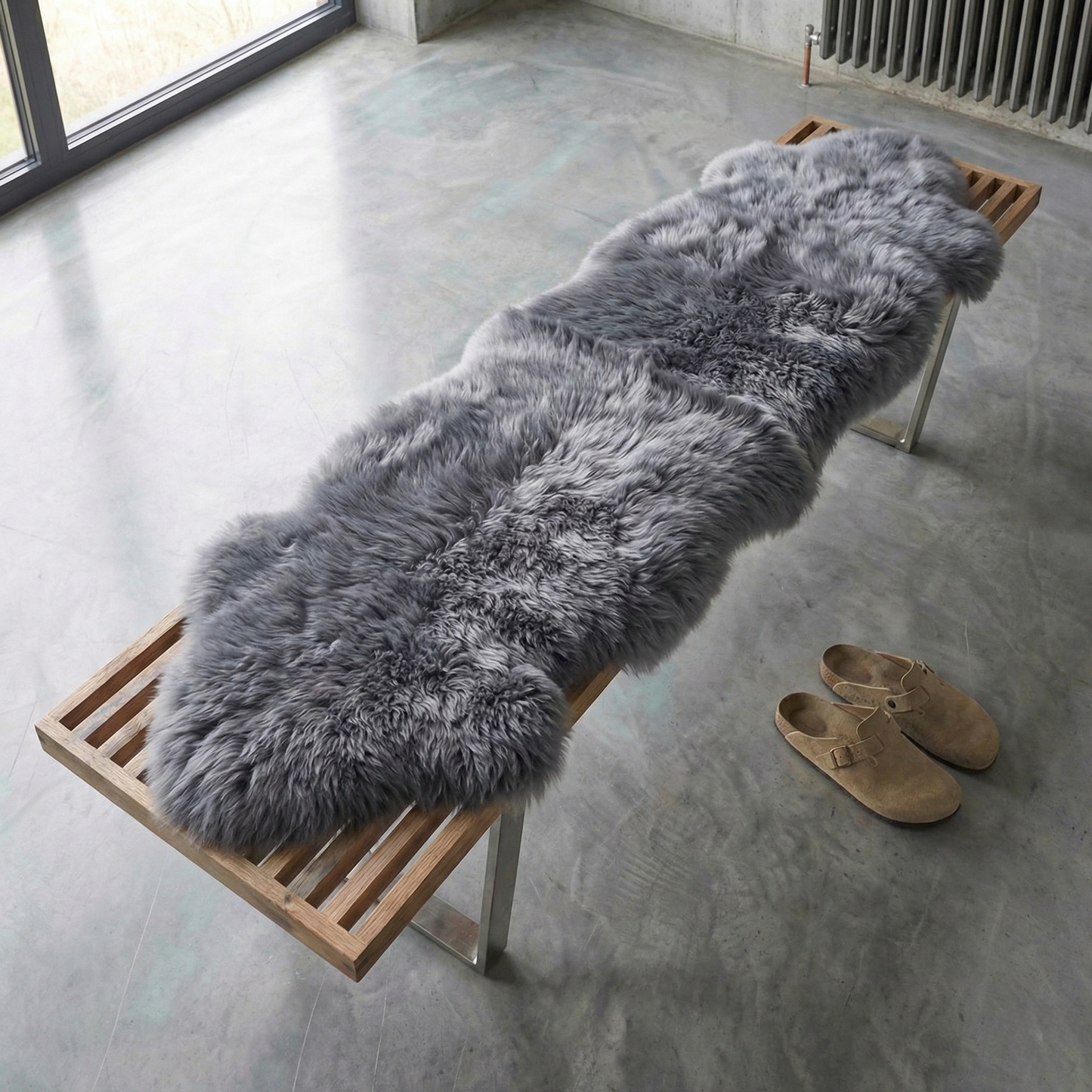 Double New Zealand Sheepskin Rug & Throw, 2-Pelt, Medium, L180 x W65 cm, Grey