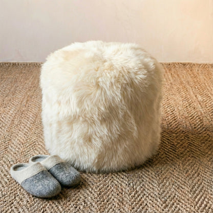 Premium Natural Long-Wool Sheepskin Pouffe Stool, L40xW30 cm (3 Colours)