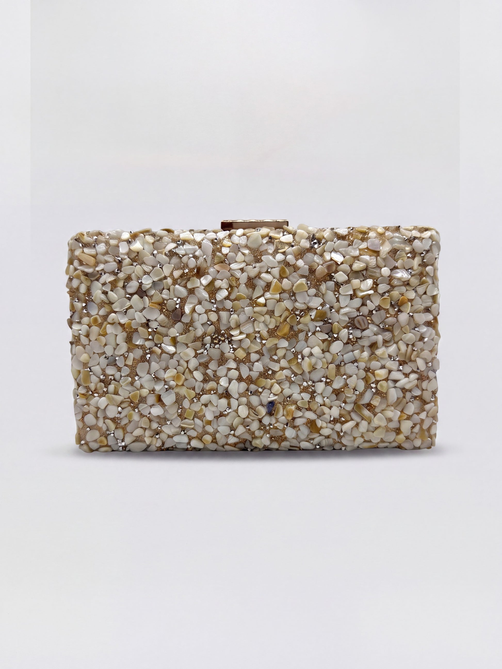 Gemma Natural Stone Box Clutch by Clemés in Beige on light grey studio background