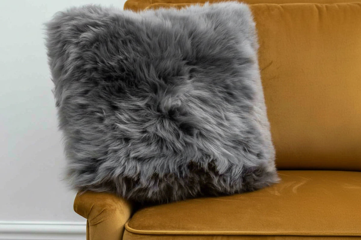 Pair of Dover Grey New Zealand sheepskin cushion covers 35 x 35 cm