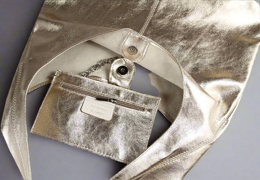 Silvia Suede Leather Slouch Tote Shoulder Bag by Clemés (Metallic)