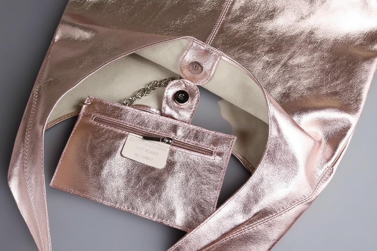 Silvia Metallic Suede Leather Slouch Shoulder Bag by Clemés, Pink