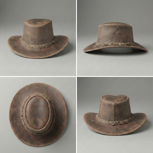 Genuine Distressed Leather Handmade Outback Western Cowboy Hat, Maven, Tobacco Brown