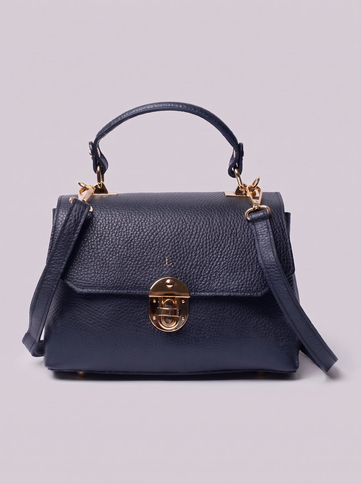 Clemés Lola Dollaro crossbody bag in Navy Blue leather, front view