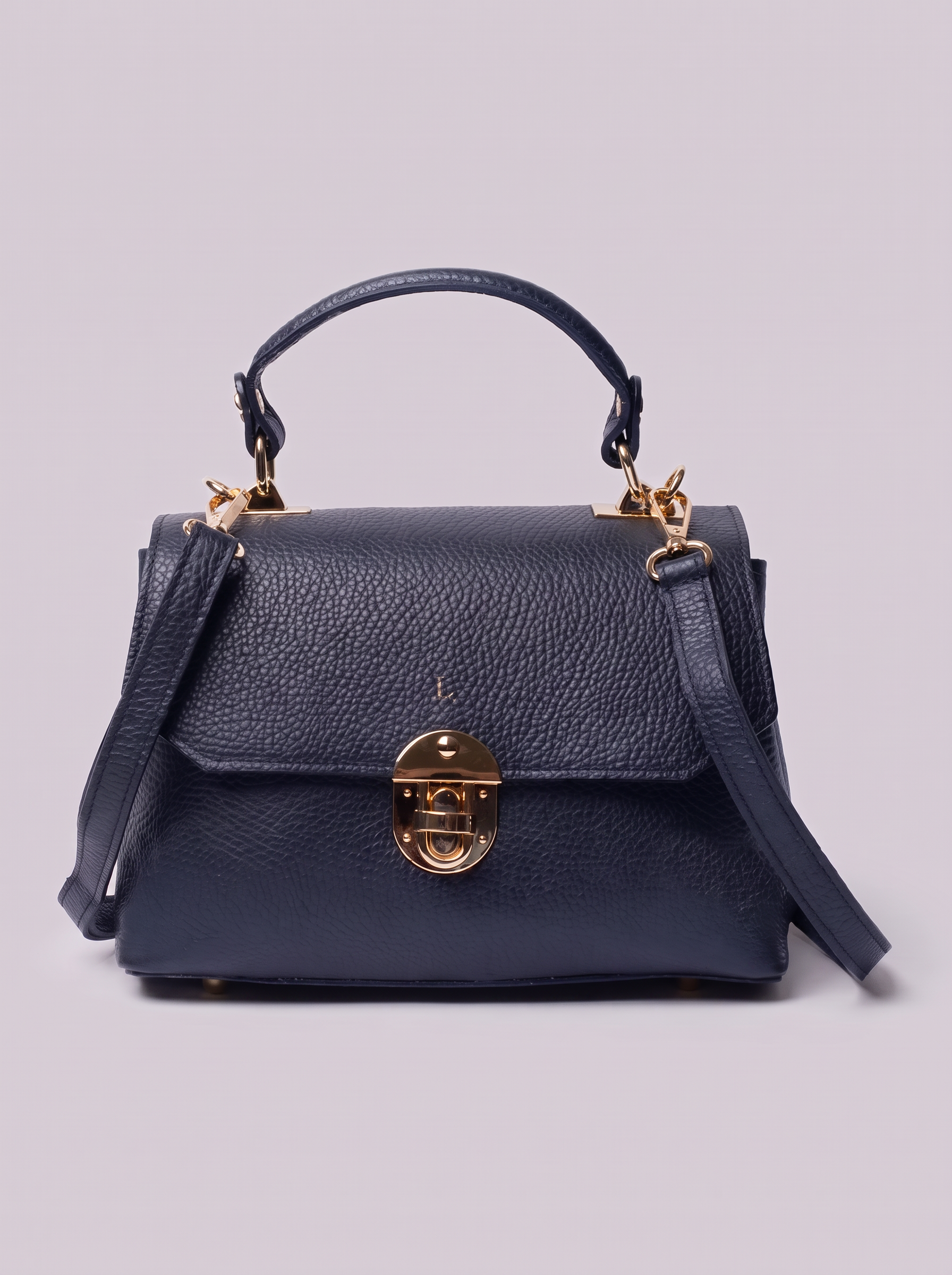 Clemés Lola Dollaro crossbody bag in Navy Blue leather, front view