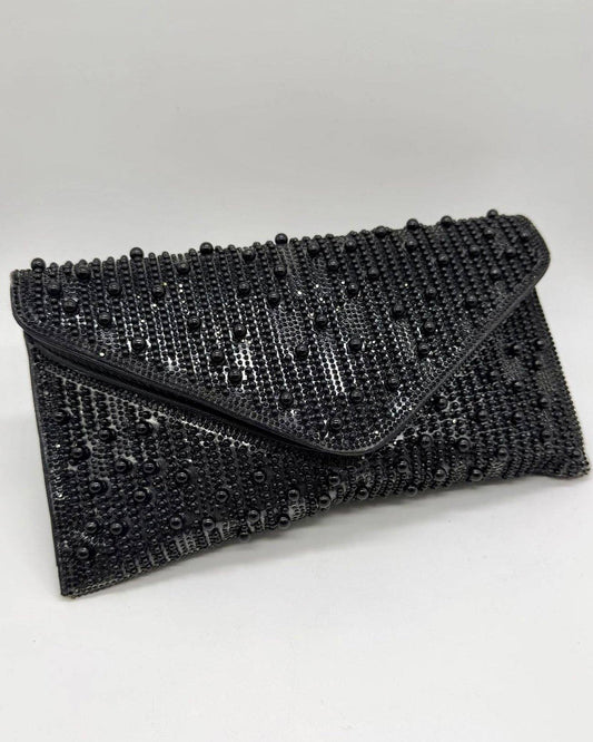 Perlette Pearl & Crystal Envelope Clutch by Clemés in Black, studio shot