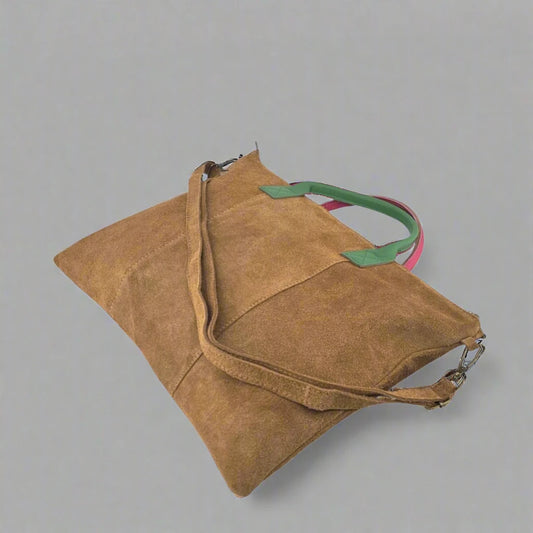 Milano Suede Bag, Tan, with Adjustable Shoulder Strap, Fuchsia & Green Leather Handles by Clemés