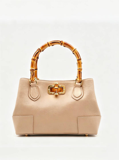 Medium Ginevra bamboo-handle leather bag in Light Taupe by Clemés