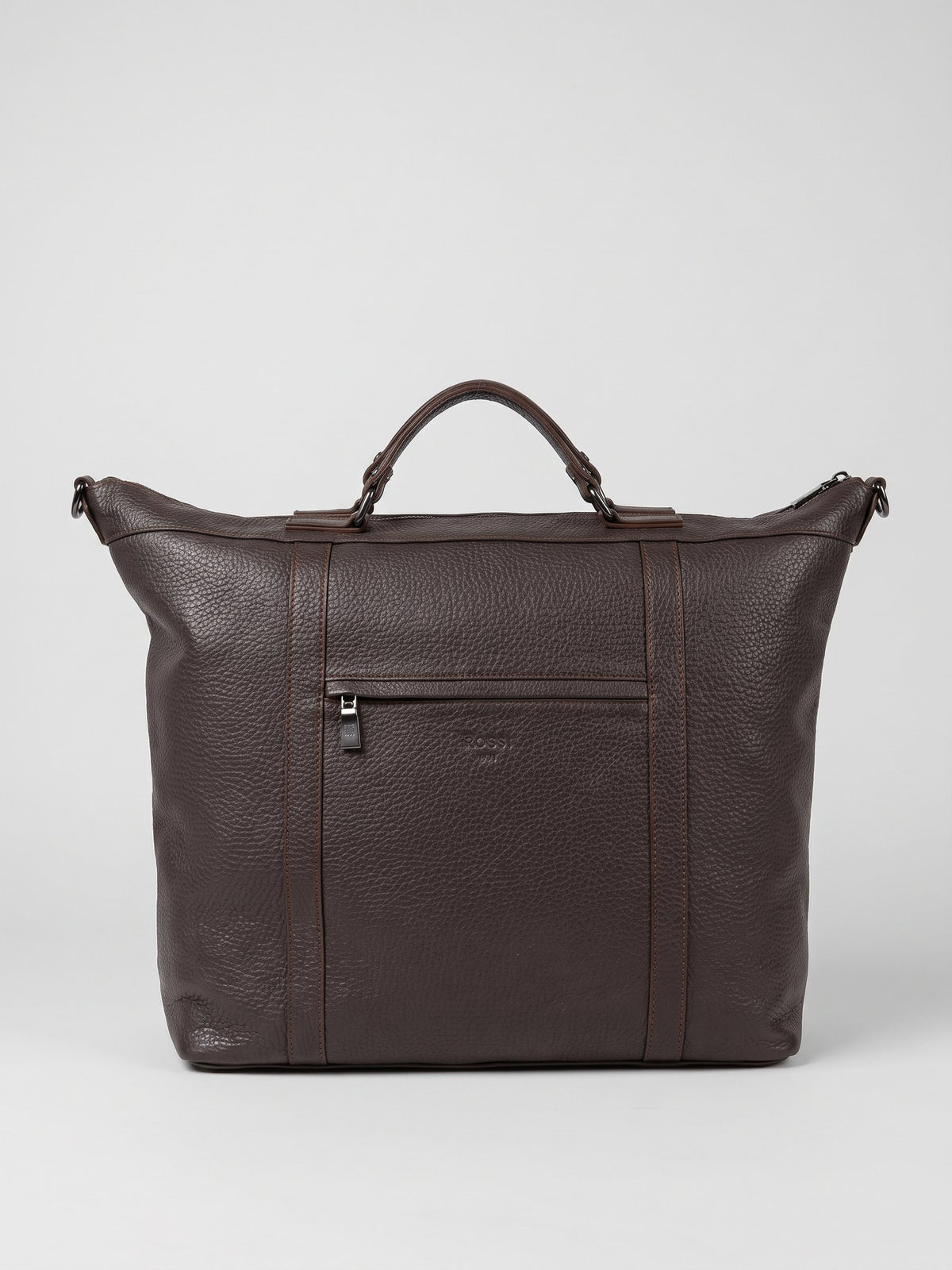 Alessio dark brown leather travel bag by Clemés, front view with two top handles and zip closure