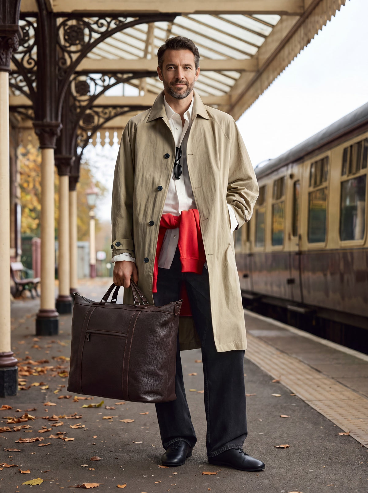 Alessio dark brown leather travel bag by Clemés, carried by its top handles on a railway station platform
