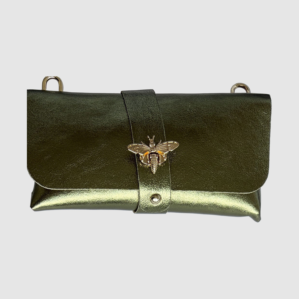 Anima Suede Leather Metallic Clutch Shoulder Bag by Clemés in Olive, close-up of the metallic suede nap and gold bee clasp