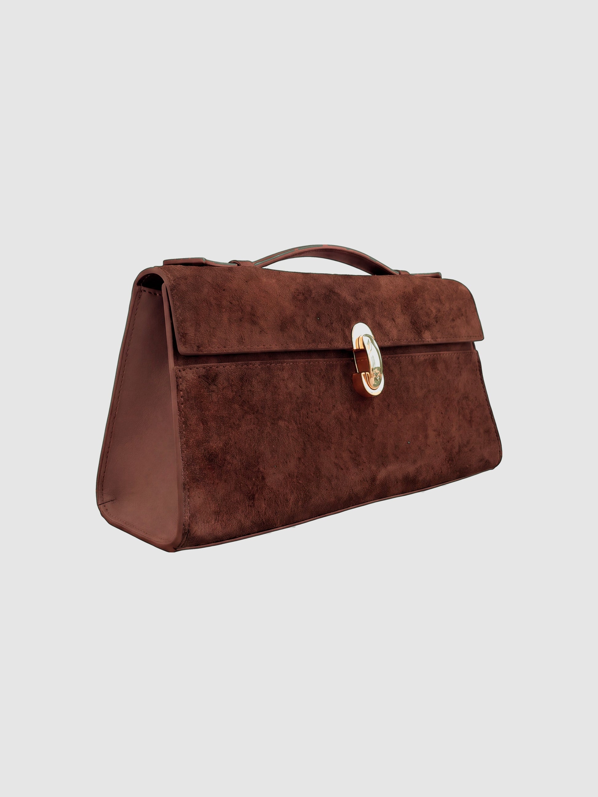 Dark Brown Aurélie Suede Leather Baguette Bag by Clemés, three-quarter view showing the front panel and smooth leather side gusset