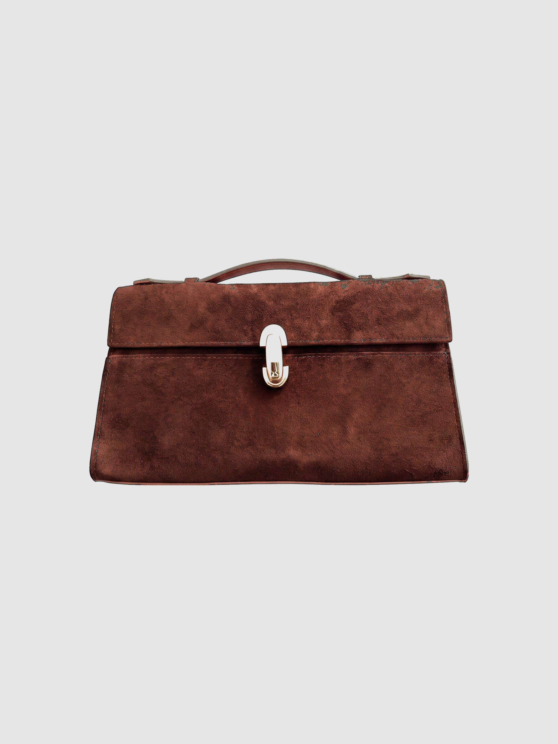 Dark Brown Aurélie Suede Leather Baguette Bag by Clemés, front view with warm chocolate suede body, contrast smooth leather trim and gold turn-lock clasp