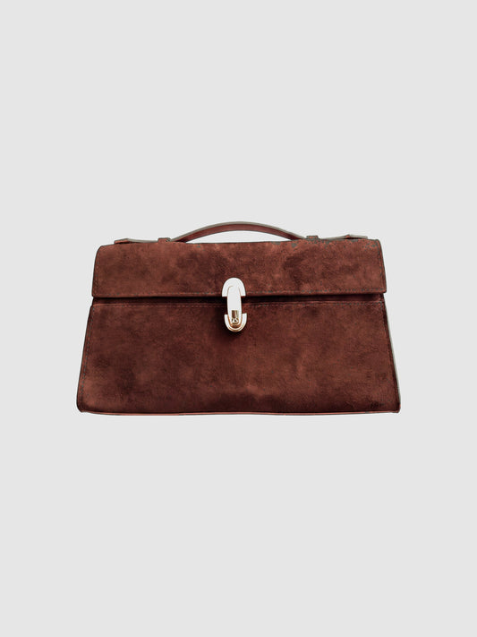 Dark Brown Aurélie Suede Leather Baguette Bag by Clemés, front view with warm chocolate suede body, contrast smooth leather trim and gold turn-lock clasp