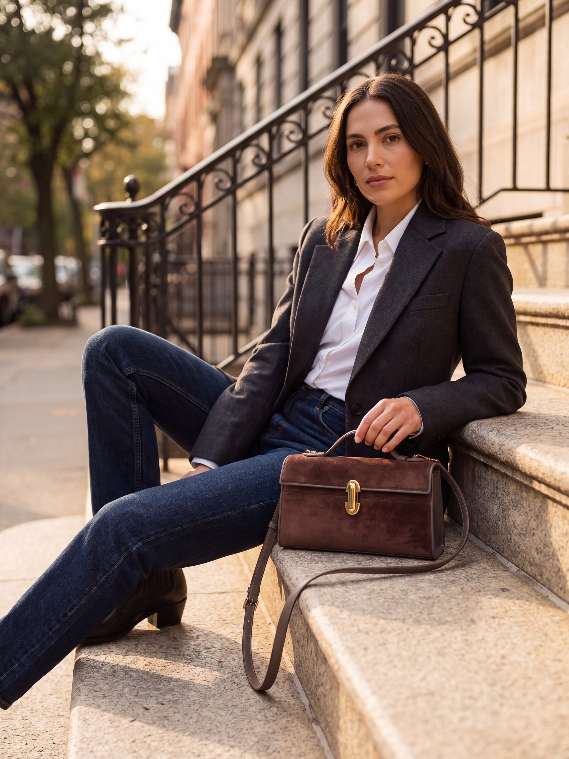 Woman seated on city steps with the Dark Brown Aurélie Suede Leather Baguette Bag by Clemés beside her