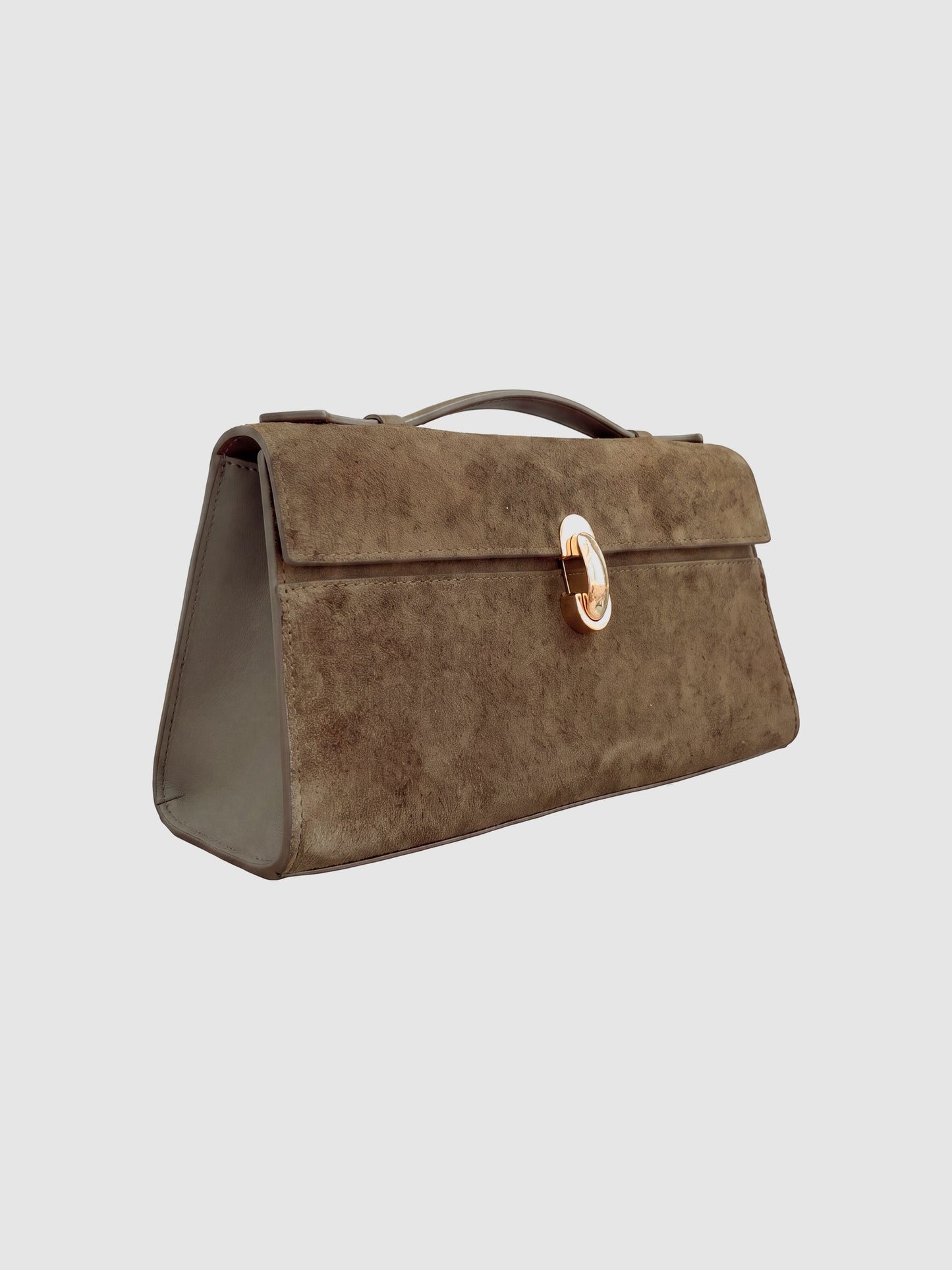 Taupe Aurélie Suede Leather Baguette Bag by Clemés, three-quarter view showing the front panel and smooth leather side gusset