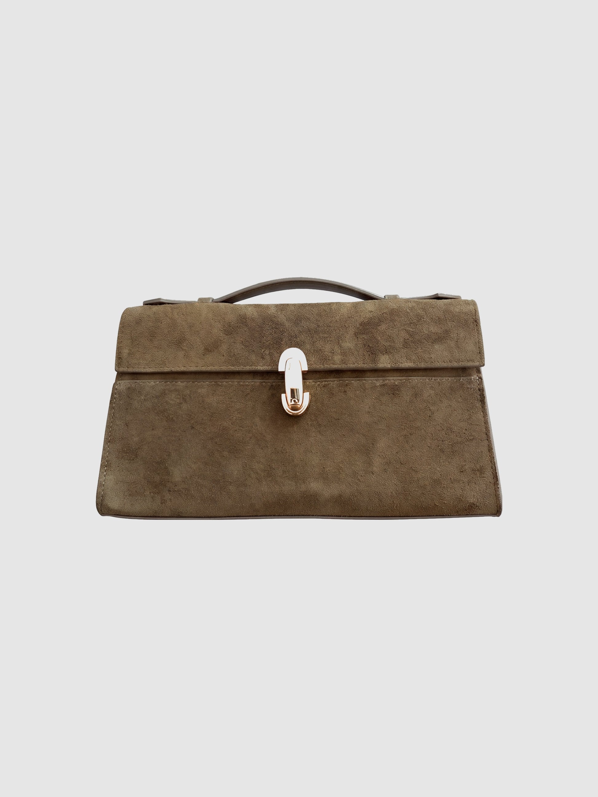 Taupe Aurélie Suede Leather Baguette Bag by Clemés, front view with muted khaki suede body, contrast smooth leather trim and gold turn-lock clasp