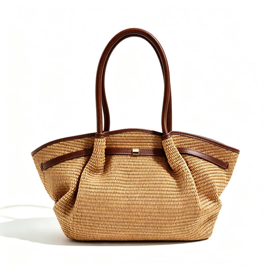 Serafina Raffia & Leather Shopper by Clemés in Dark Brown, three-quarter studio shot on grey background