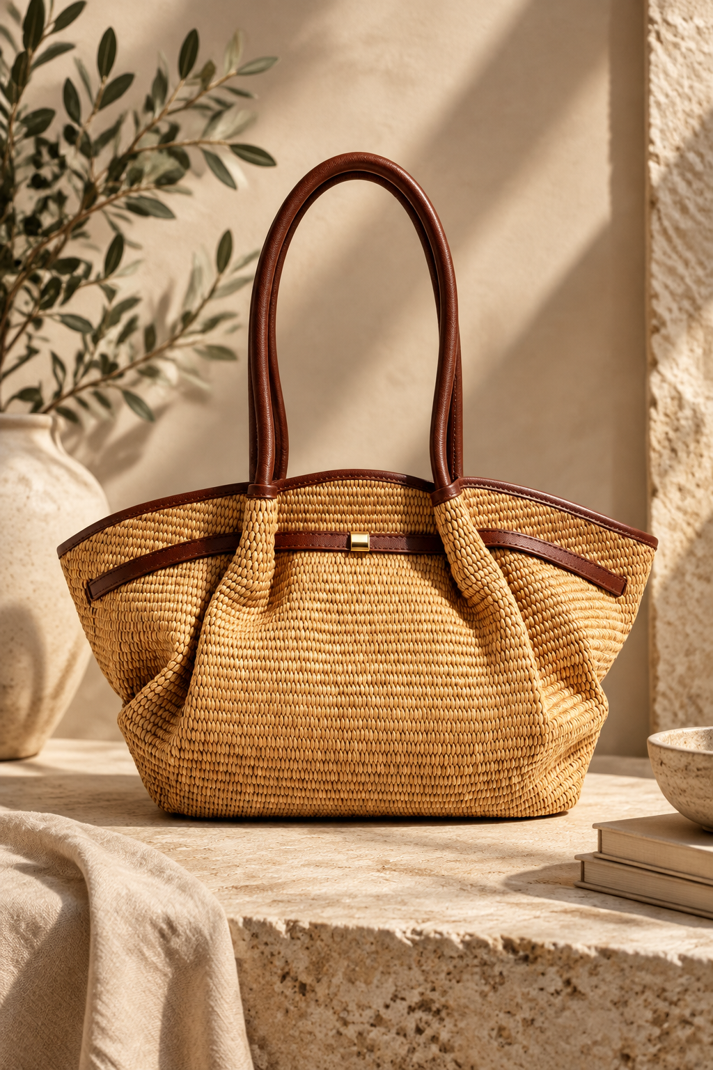 Serafina Raffia & Leather Shopper by Clemés