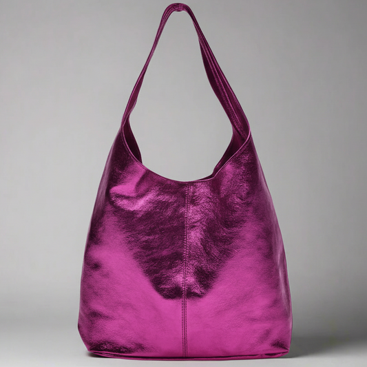 Silvia Metallic Suede Slouch Bag by Clemés, Fuchsia