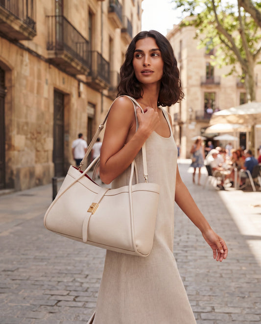 Woman with the Oyster Bianca Large Leather Handbag by Clemés on a sunlit city street