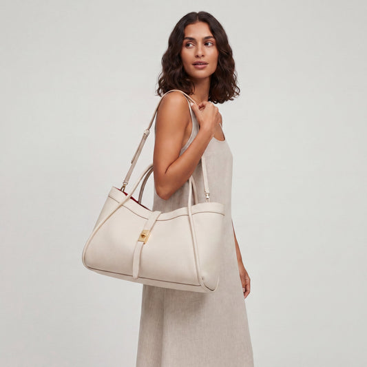Model carrying the Oyster Bianca Large Leather Handbag by Clemés on her shoulder, studio shot