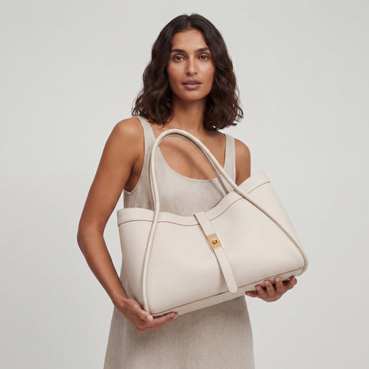Close-up of the Oyster Bianca Large Leather Handbag by Clemés held up in both hands, studio detail shot