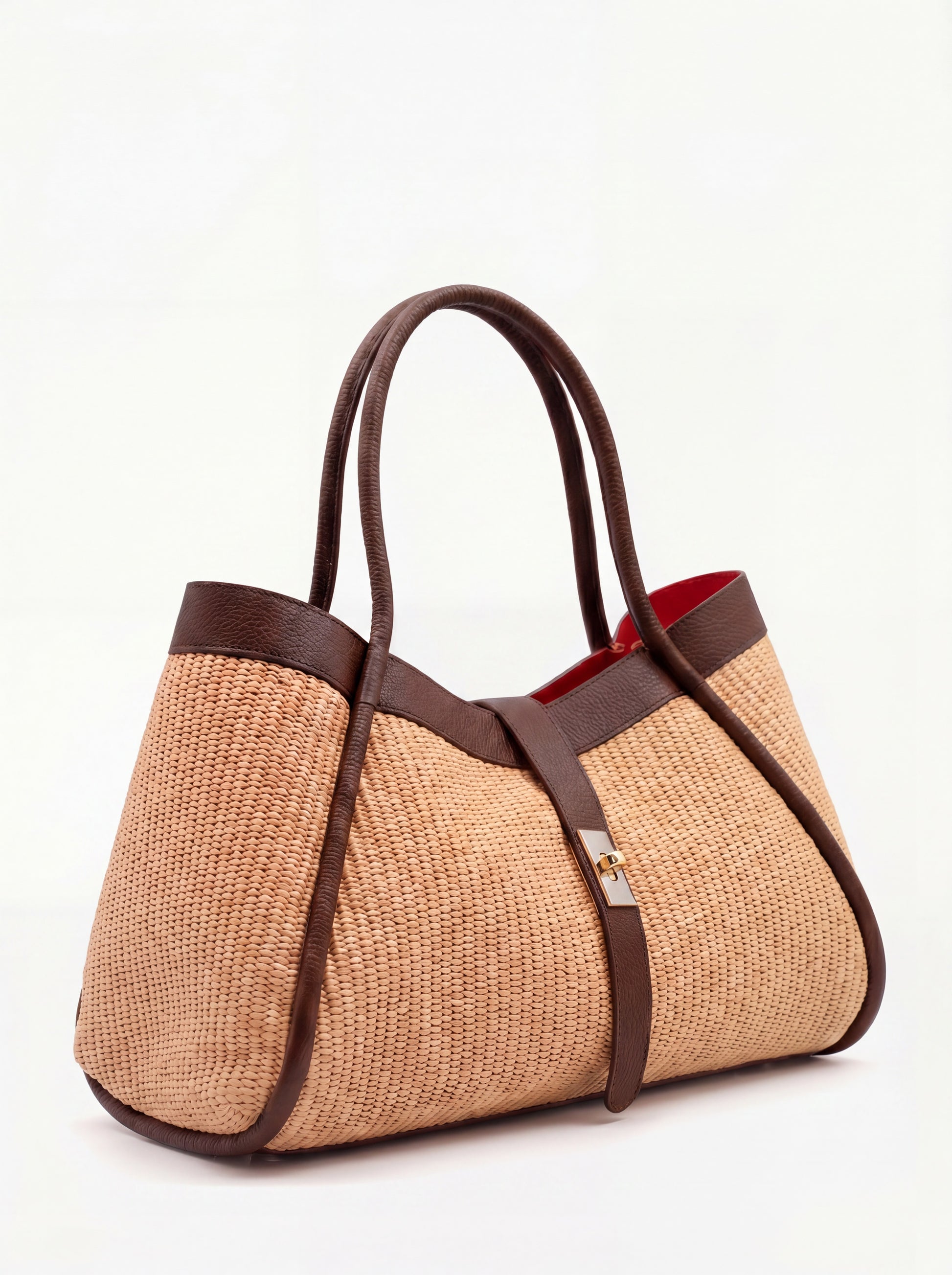 Bianca Large Raffia Handbag in Dark Brown — three-quarter view