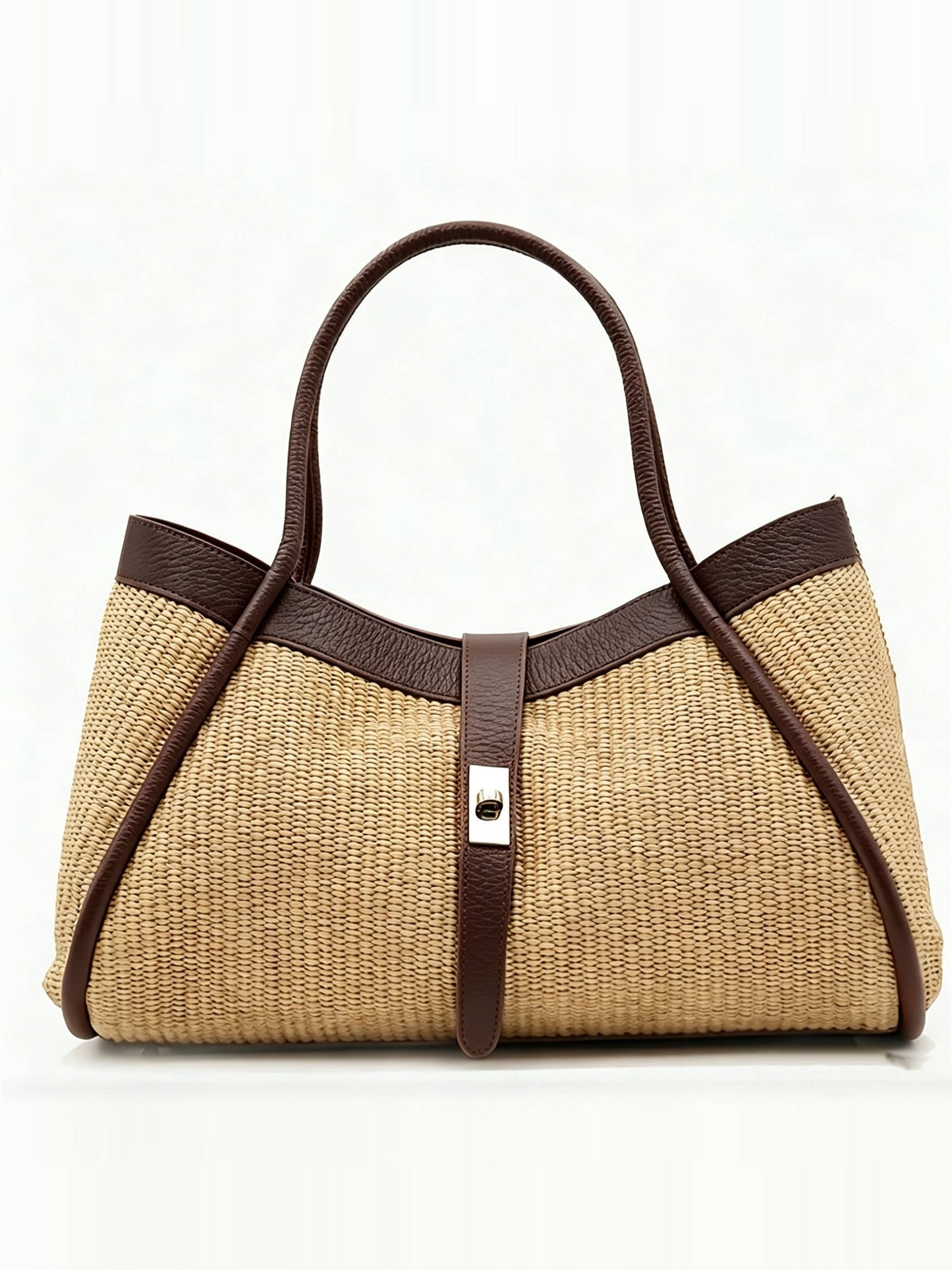 Bianca Large Raffia Handbag in Dark Brown — front view