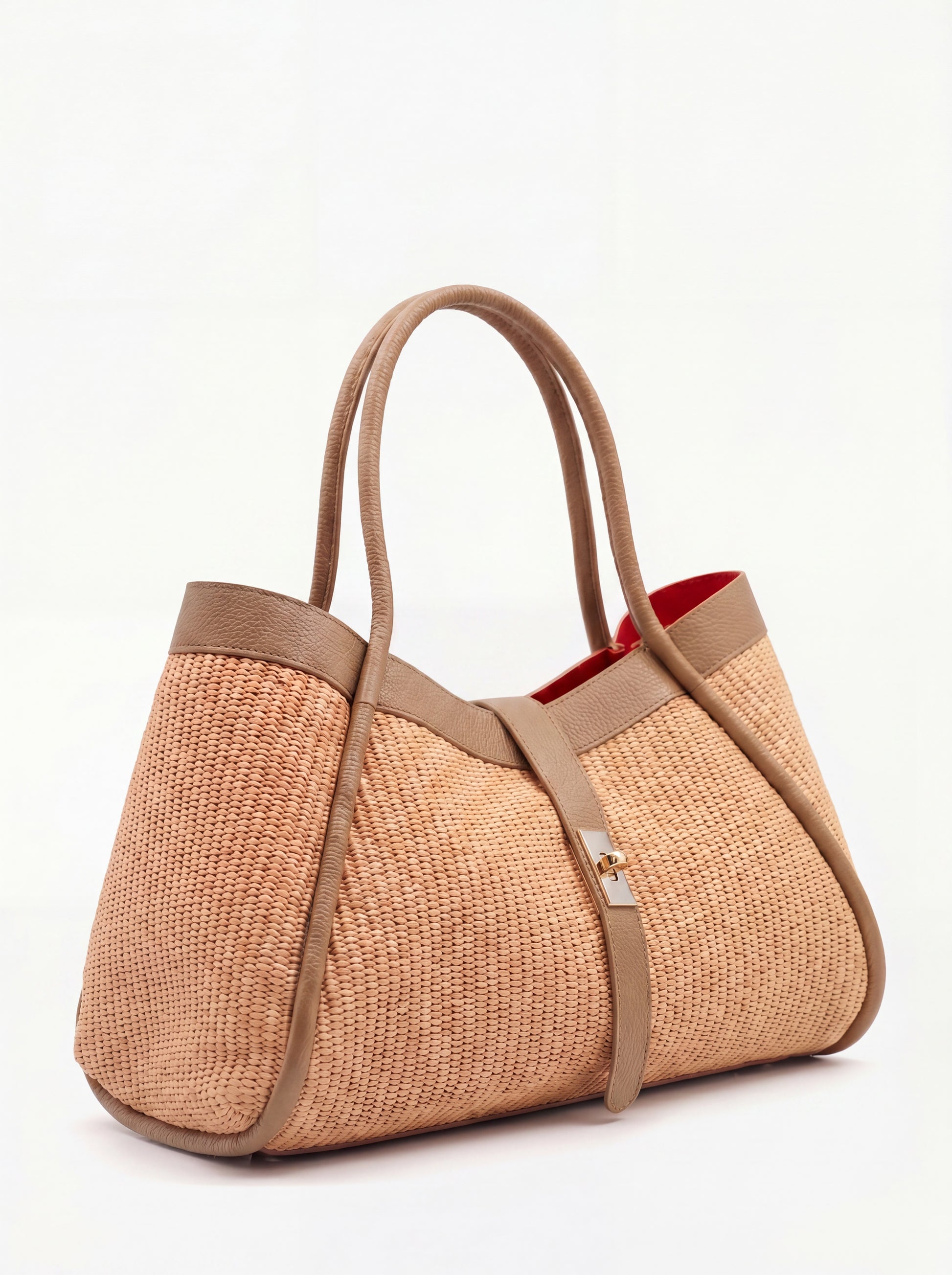 Bianca Large Raffia Handbag in Light Taupe — three-quarter view