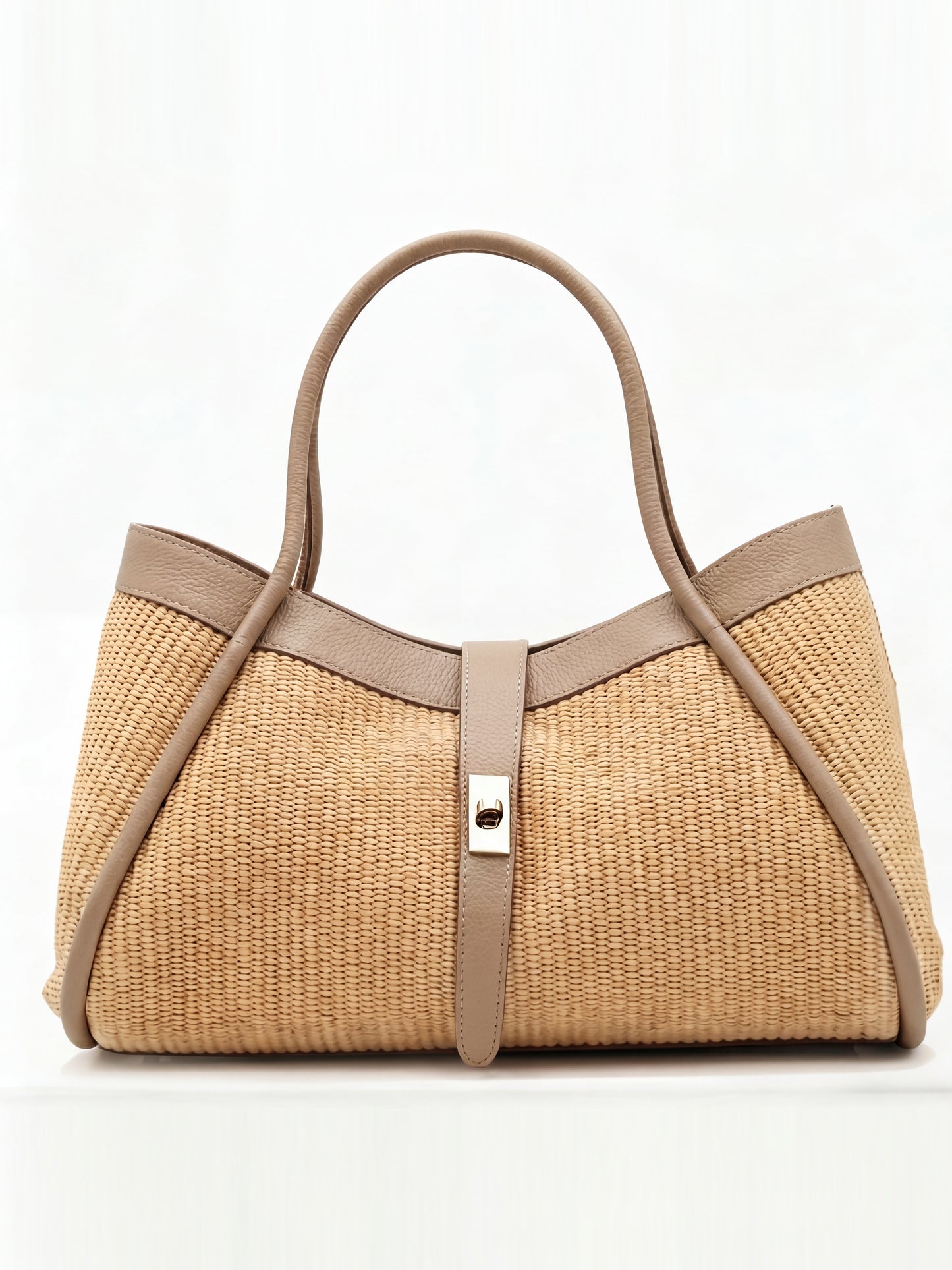 Bianca Large Raffia Handbag in Light Taupe — front view