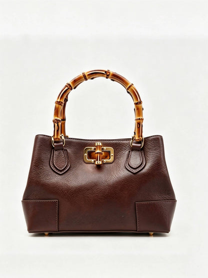 Medium Ginevra bamboo-handle leather bag in Dark Brown by Clemés