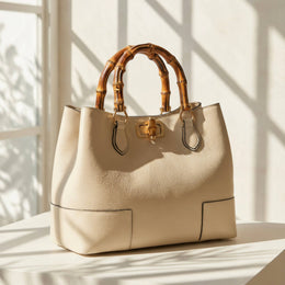 Ginevra Bamboo-Handle Leather Bag by Clemés in Light Taupe, three-quarter studio shot on grey background