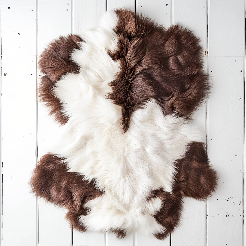 Natural Premium Argentine Criollo Long Hair Goatskin W65 x L75, Chocolate & Ivory