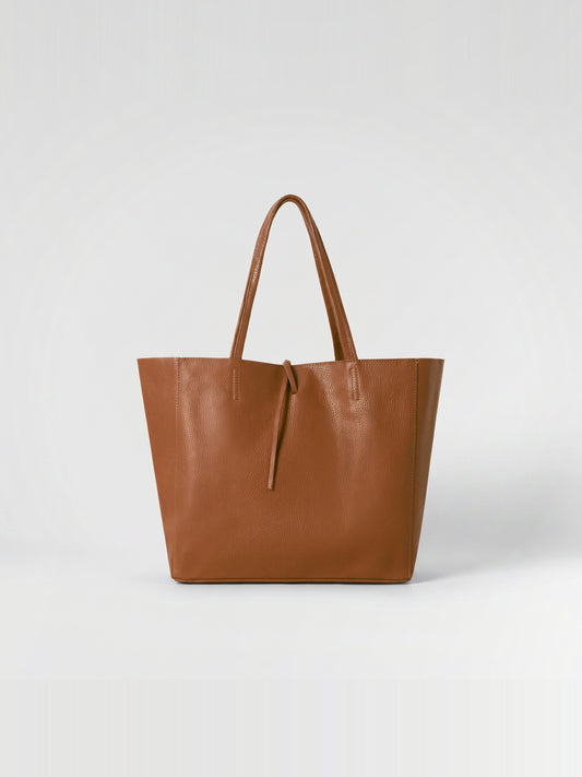 Carlotta oversized leather tote by Clemés in Dark Tan leather, straight front studio view
