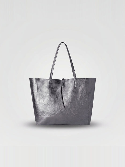 Carlotta oversized leather tote by Clemés in Titanium metallic leather, straight front studio view