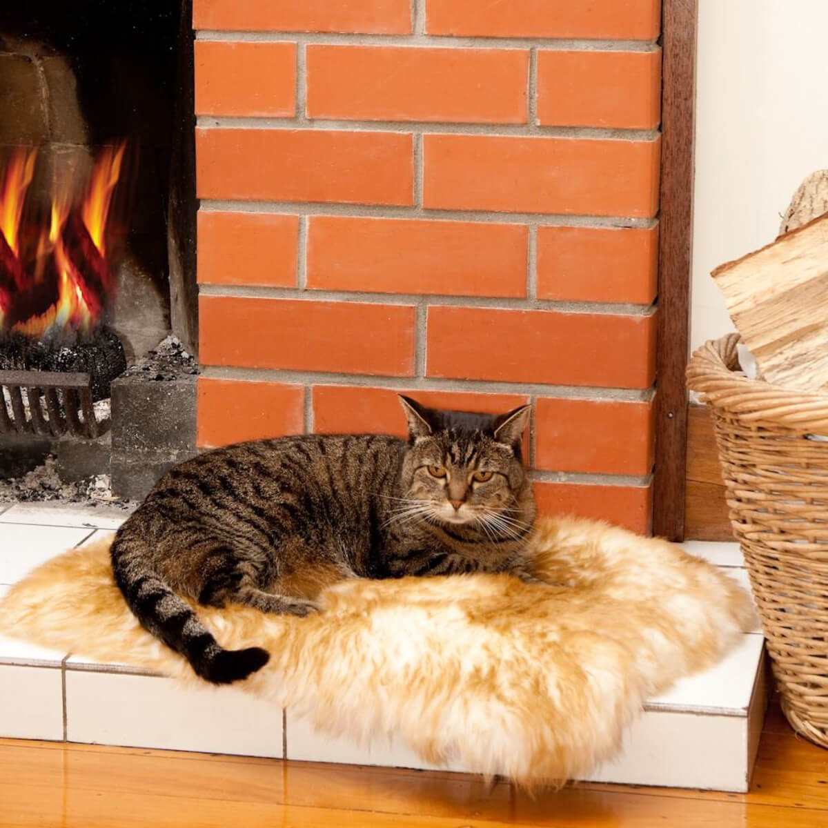 Sheepskin pet bed with cat