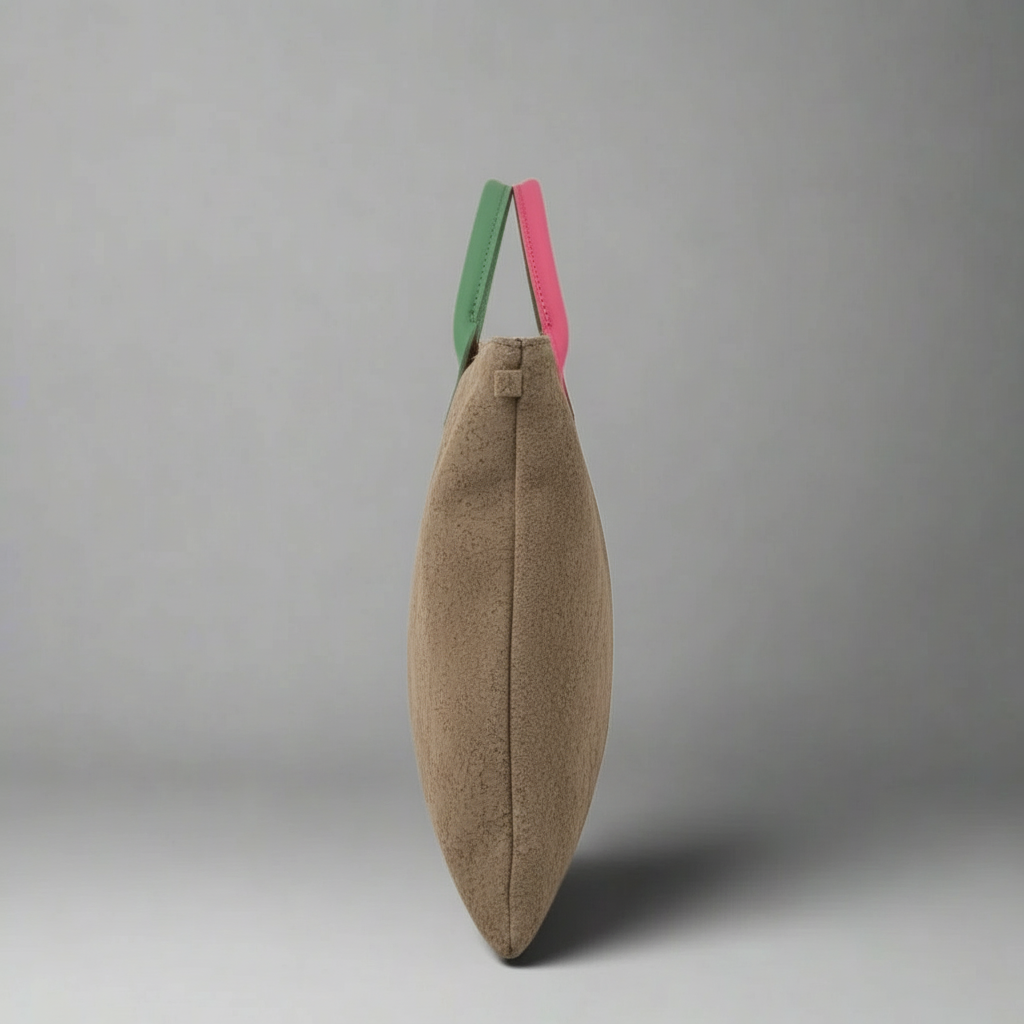 Milano Suede Bag, Taupe, with Adjustable Shoulder Strap, Fuchsia & Green Leather Handles by Clemés