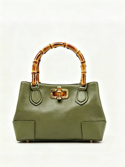 Medium Ginevra bamboo-handle leather bag in Olive by Clemés