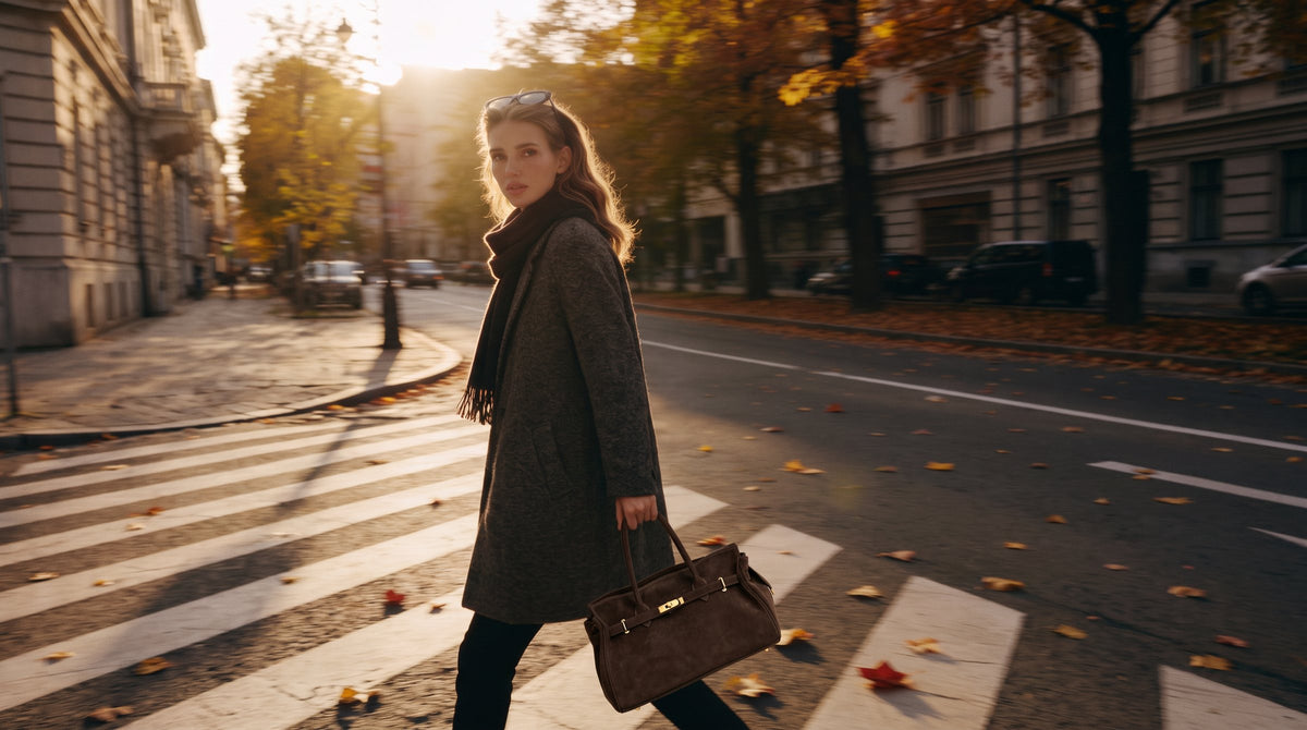 Woman crossing an autumn street carrying the Clemés Zoe suede tote
