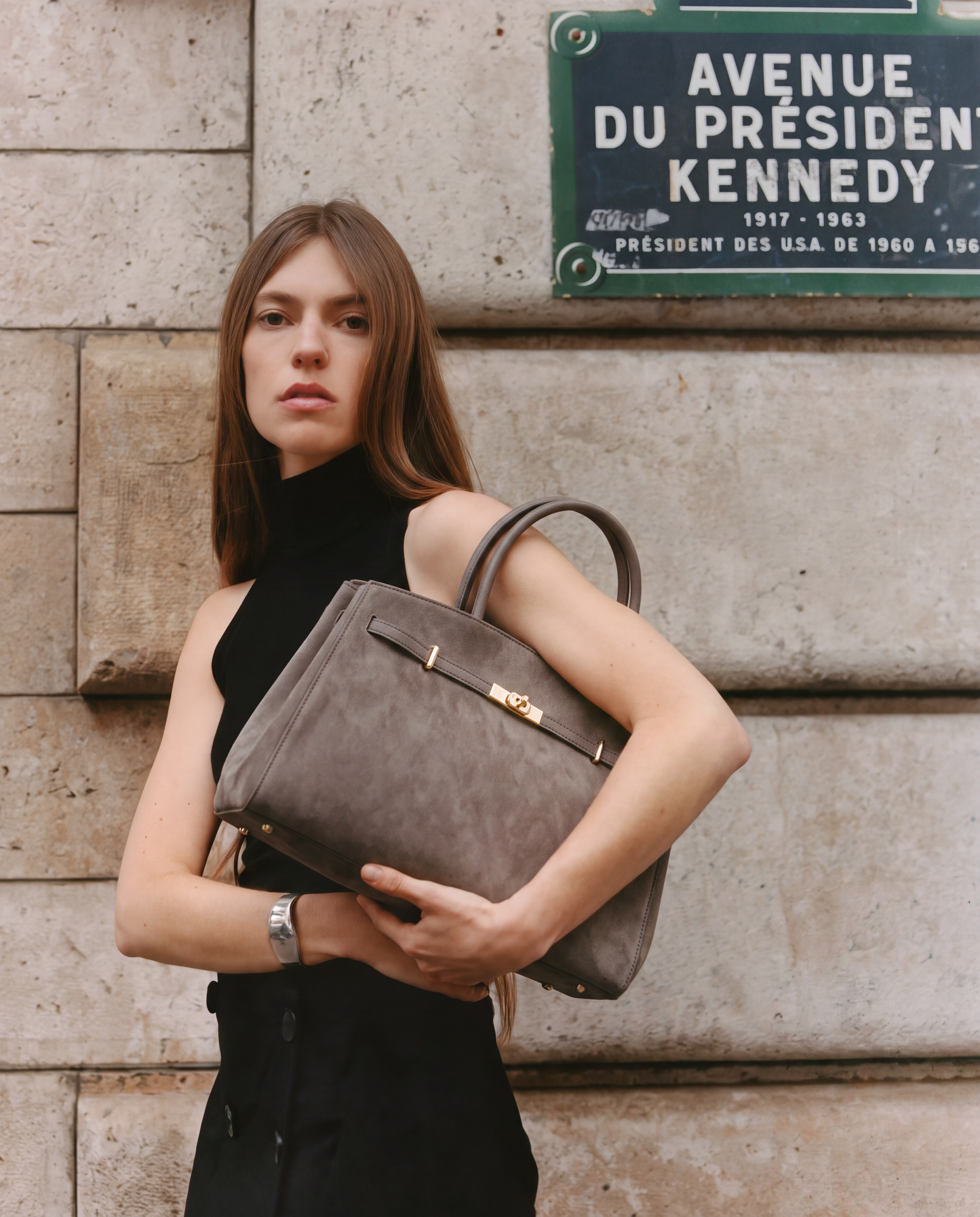 Coco Suede Tote in Taupe, lifestyle shot, Parisian street setting