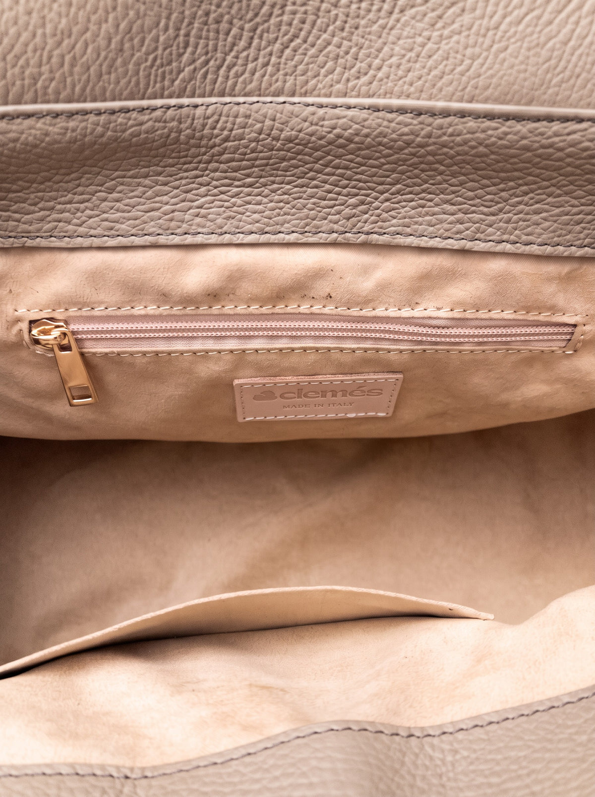 Letizia Light Taupe Calfskin Bag by Clemés – interior view